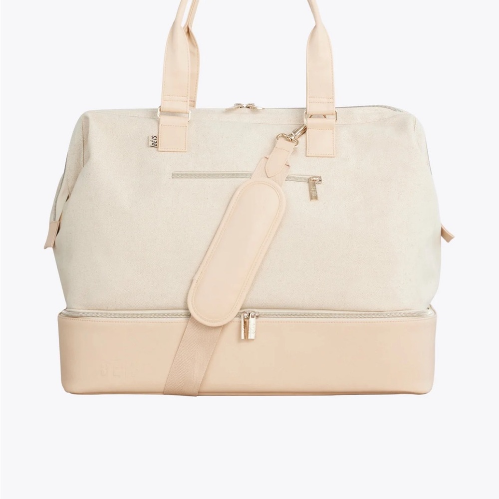 BEIS Cream and Tan Travel Tote Bag with Structured Design